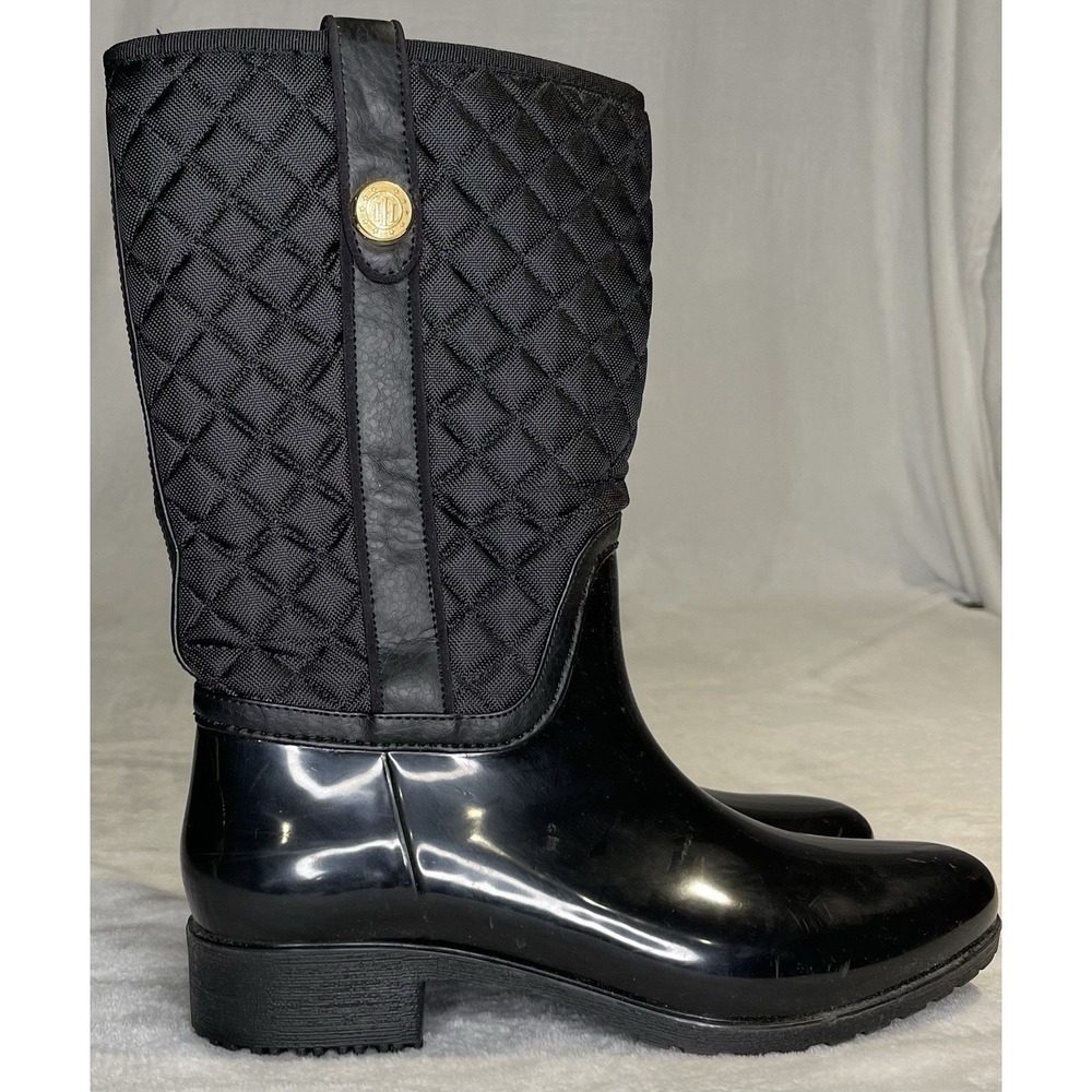 Tommy Hilfiger Women's 9 Black Quilted Freza Winter Rubber Rain Boots TWFREDDO